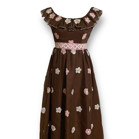 Vintage 1970s Floral Maxi Dress Sz Small Brown Pink Floral Emboidered Prom Gown - Picture 2 of 10